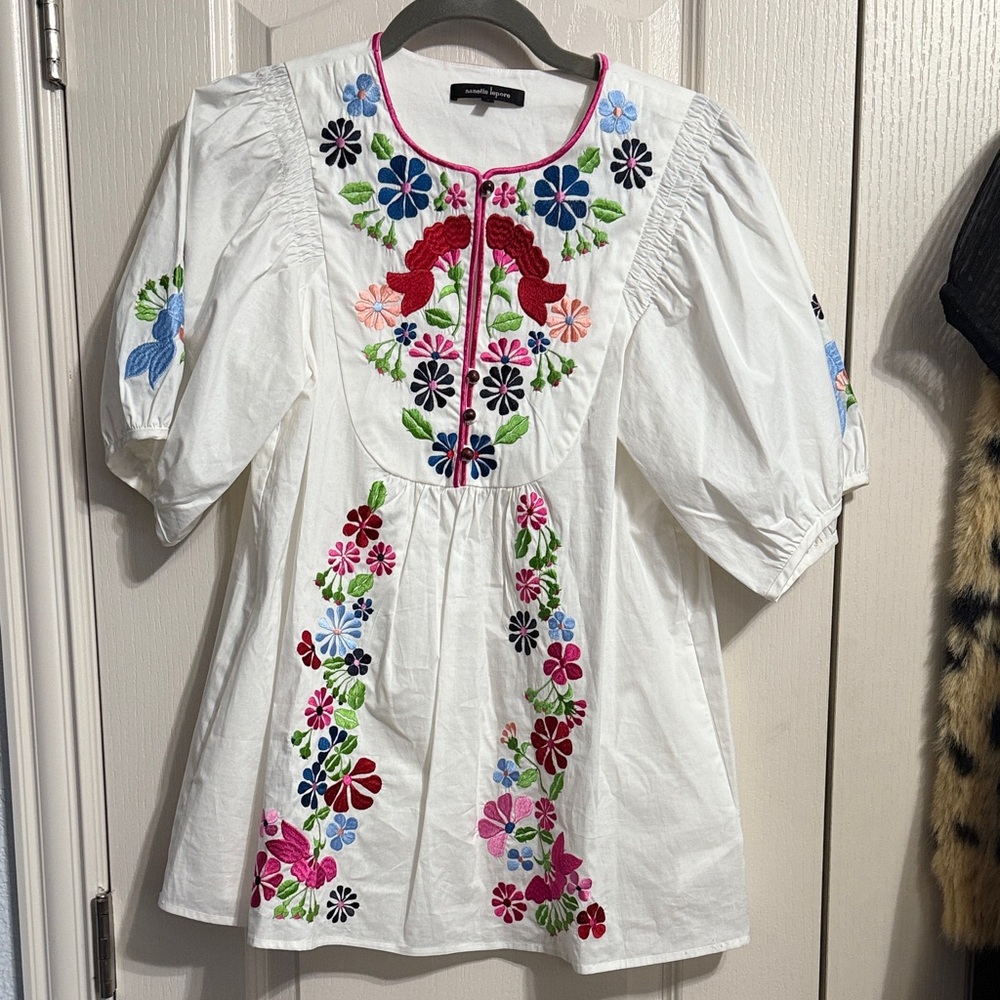 Nanette Lepore Floral Embroidered Poplin Puff Sleeve Peasant Top Boho Summer - Picture 2 of 5